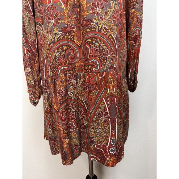 Love 21 Paisley Dress Women’s Size S Orange Brown Red Long Sleeve Boho Chic Fall - Picture 9 of 16
